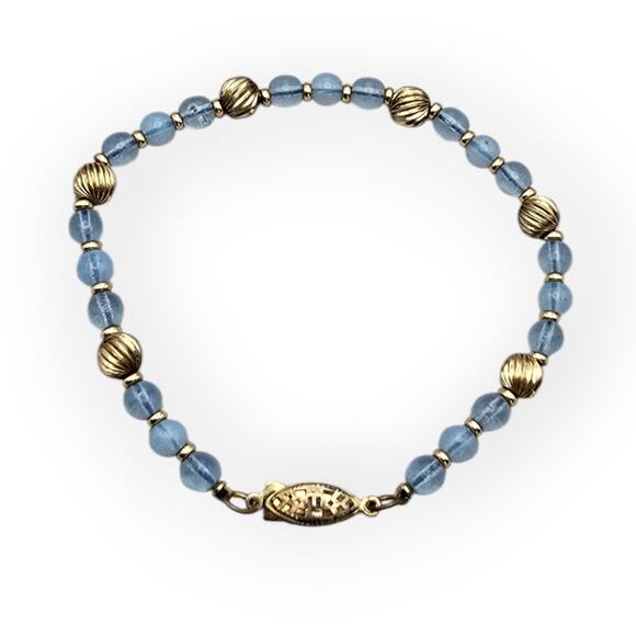 Mid-Century Blue Glass Bead Bracelet with Gold Accents Fishhook Clasp - Picture 5 of 9